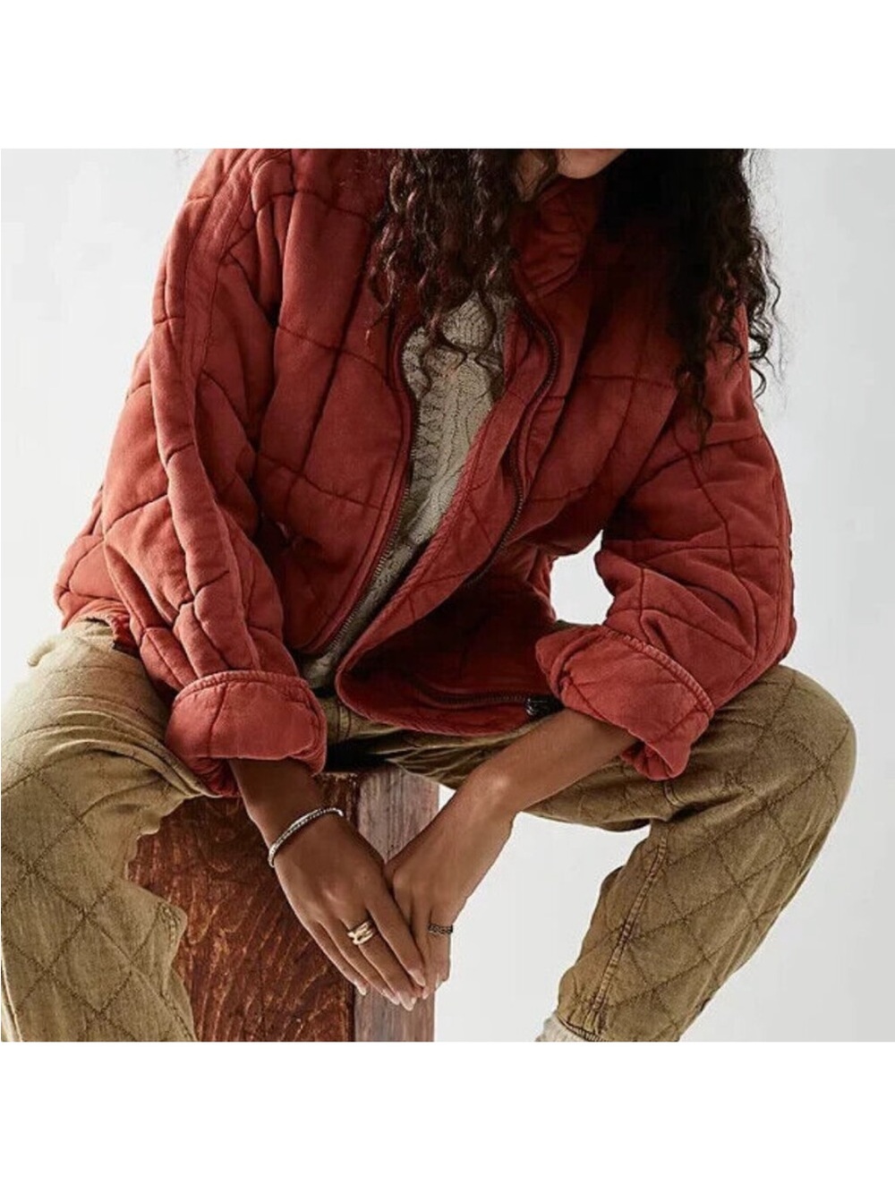 Free People Quilted Rust Jacket - Zip Front Puffa M